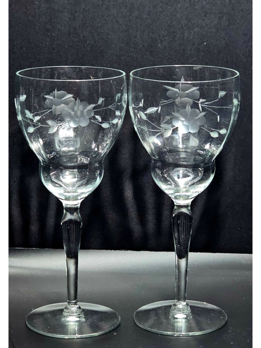 2 Vintage Weston Floral Wine Glasses 8" elegant etched Romantic Water Goblets